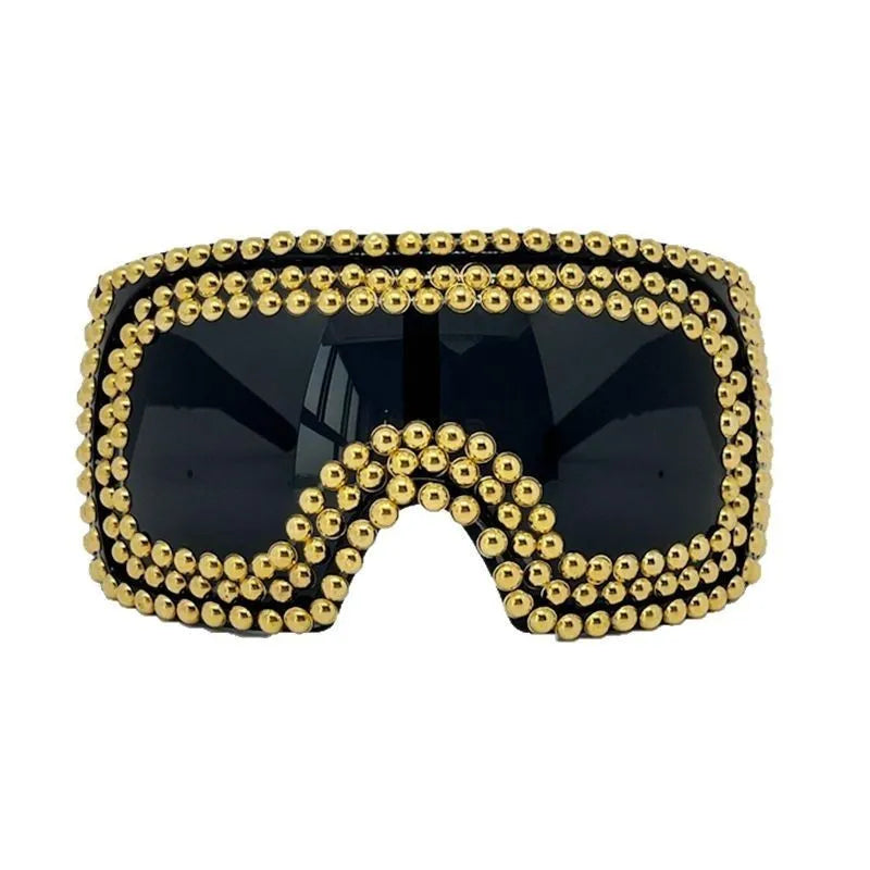 Men's square punk sunglasses with large rim and silver rivets on PC frame