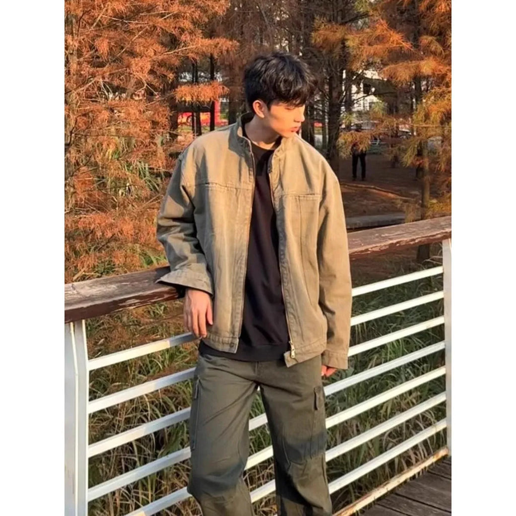 Men's stand collar loose fit jacket in Army Green, polyester, long sleeves, front view spring wear