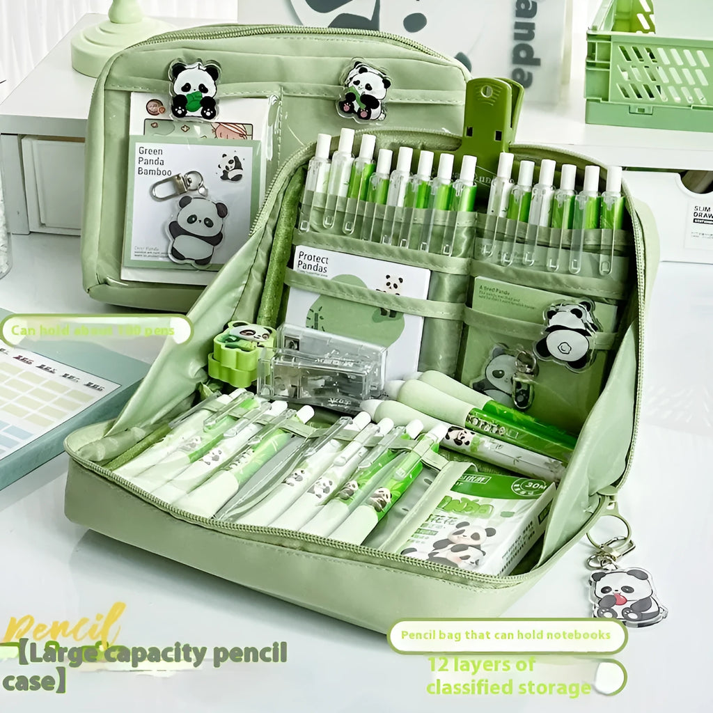 Green 12-layer canvas pencil case with layered storage compartments for pens and pencils, Korean style