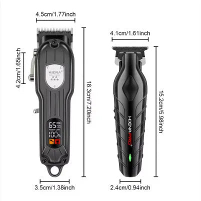 Professional hair clipper set black with LCD display, carbon steel blade, and foil shaver on black background