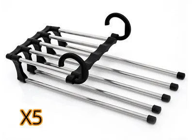 Black 5-in-1 stainless steel trouser hanger with five booms and dual hooks on a clothes rack