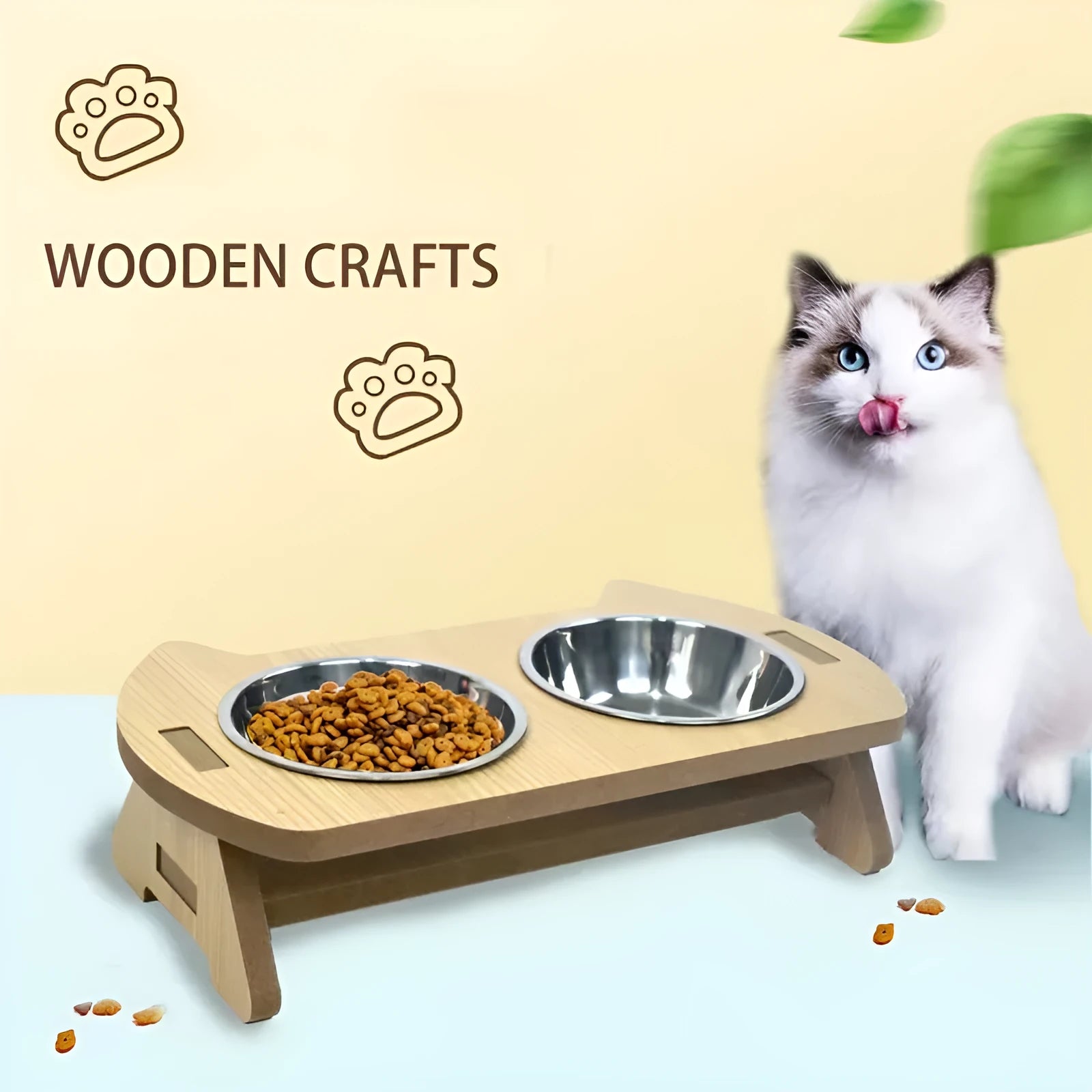Wooden cat bowl feeder with two stainless steel bowls for water and food, anti-overturning base
