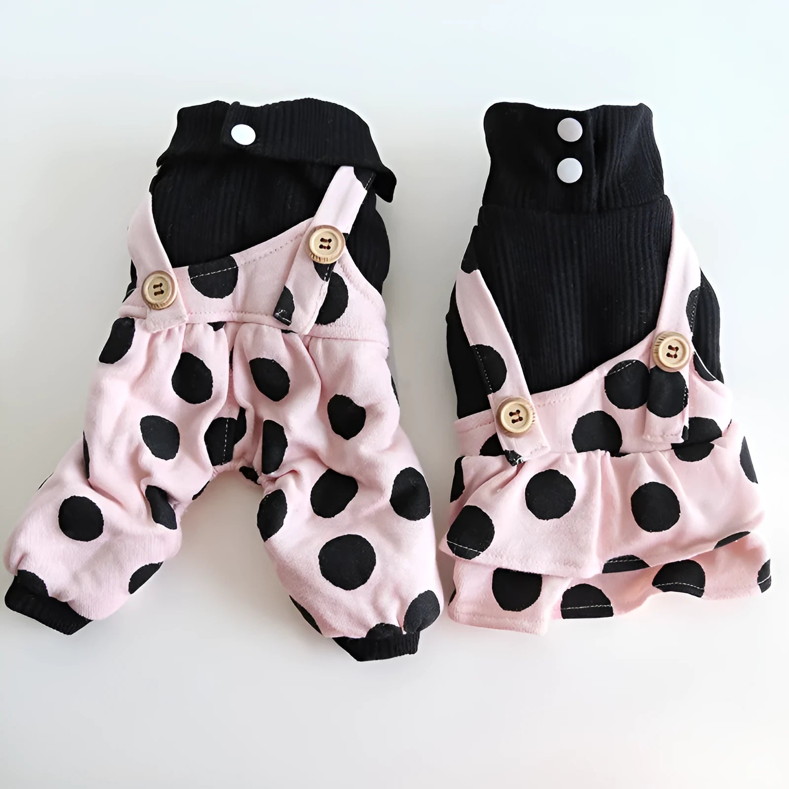 Pet couple outfits with coordinated shoulder straps in four-legged and skirt styles
