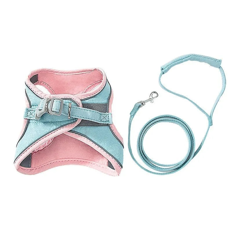 Suede cat pulling rope vest with reflective chest strap and hand rope in blue pink stitching