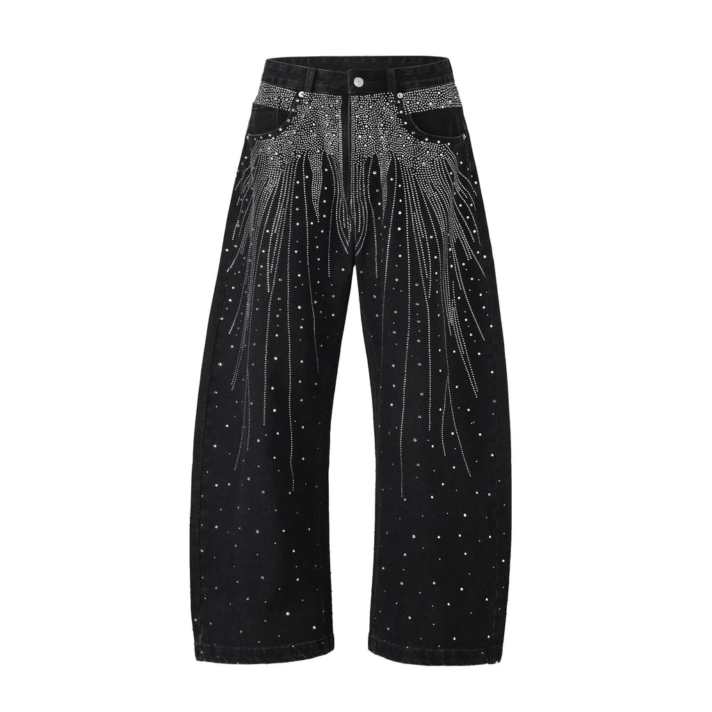 Blue loose-fit wide-leg cotton trousers for teenagers, pullover style, flat lay on neutral background