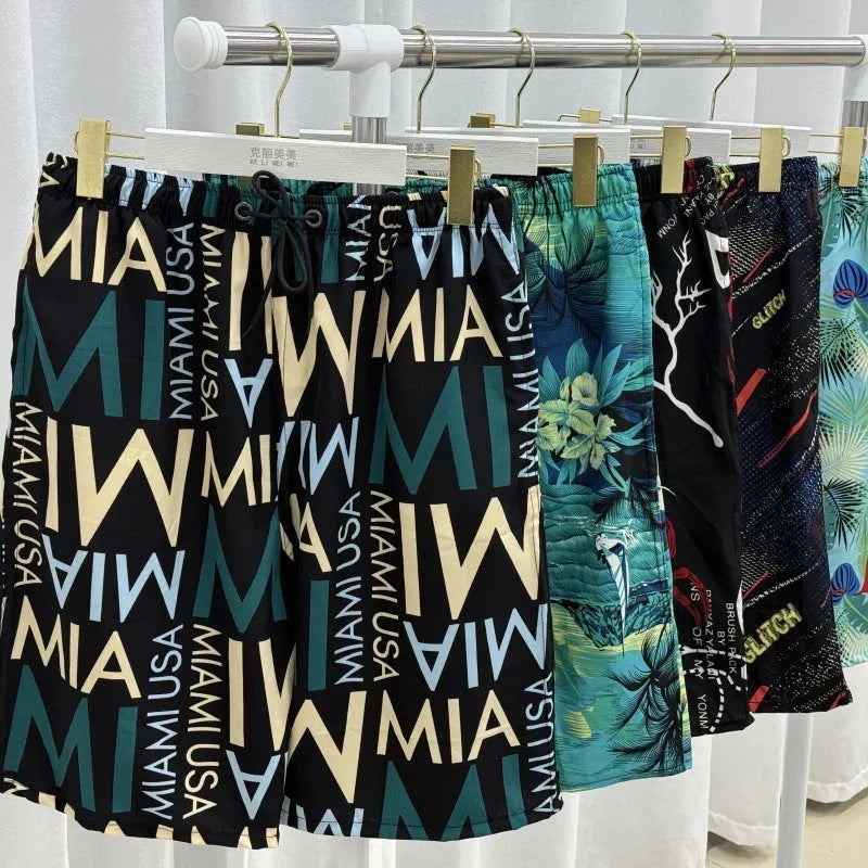 Men's loose quick-dry ice silk beach pants with striped floral print, free size 55-95kg, multiple colours