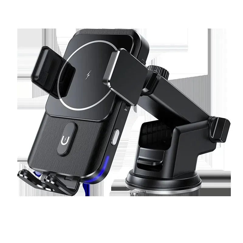 Black car wireless phone charging holder mounted on dashboard with 15W fast charging capability