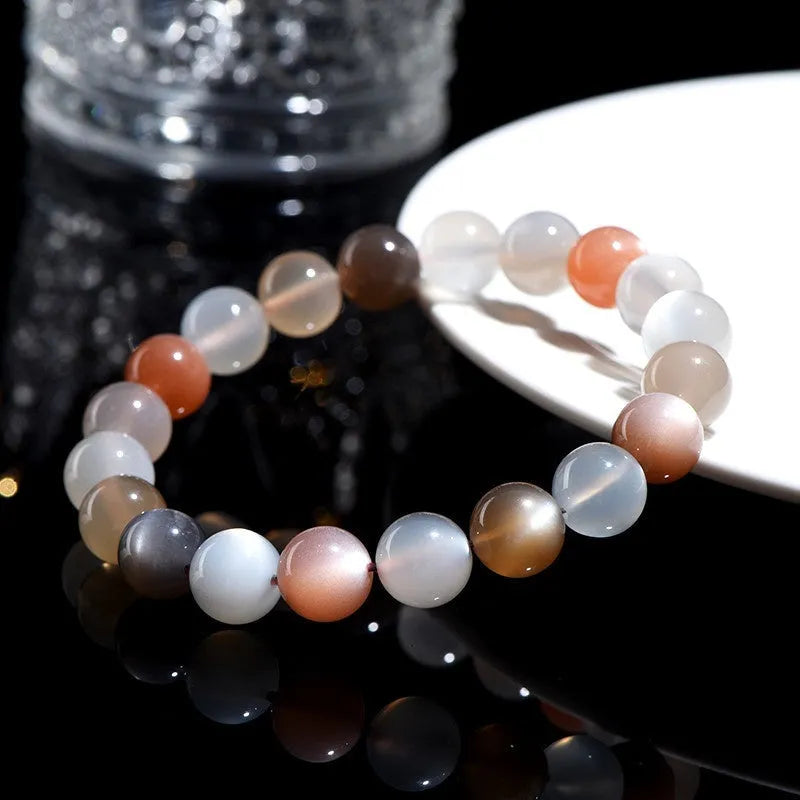 Natural colourful moonlight bracelet with 8mm moonstone beads on wrist