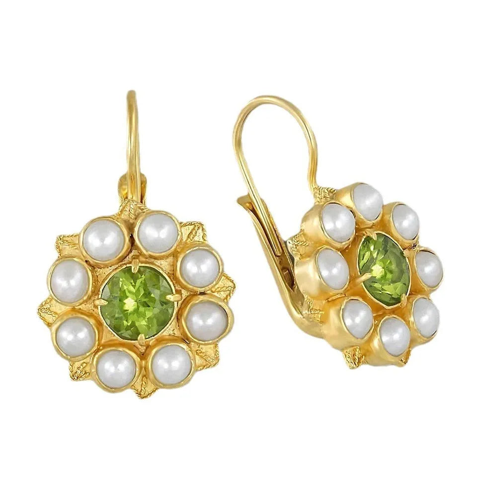 Gold retro flower alloy earrings with electroplated finish, 2.5 cm diameter, on a neutral background