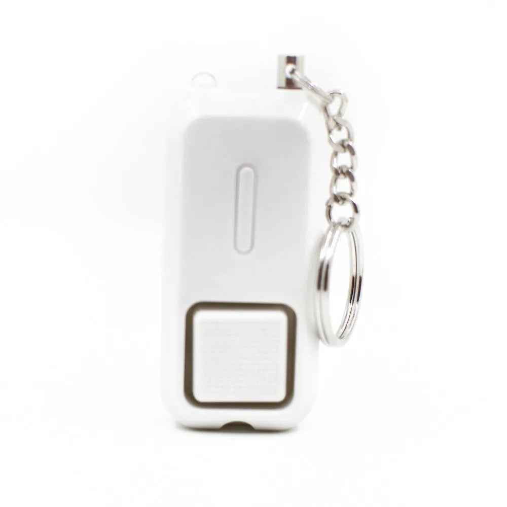 ZQ-202 personal safety alarm in pink, showing compact size and keychain attachment.
