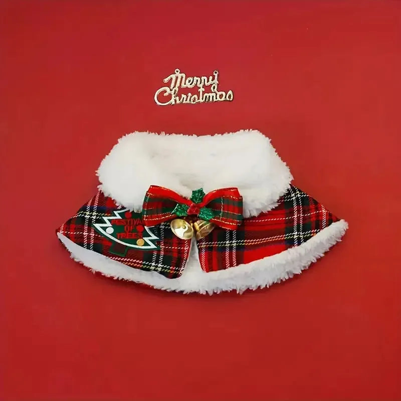 Pet festive scarf in snowflake and bell designs on red and blue backgrounds for dogs and cats