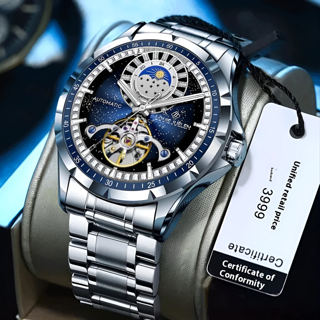 Automatic mechanical watch with silver alloy case, blue dial, stainless steel strap