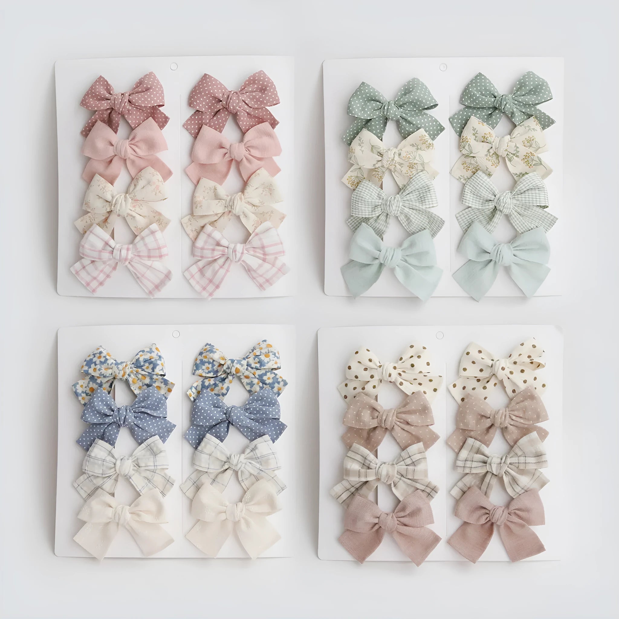 Children's cloth hairclips with dovetail bow design in beige brown grid dots pattern