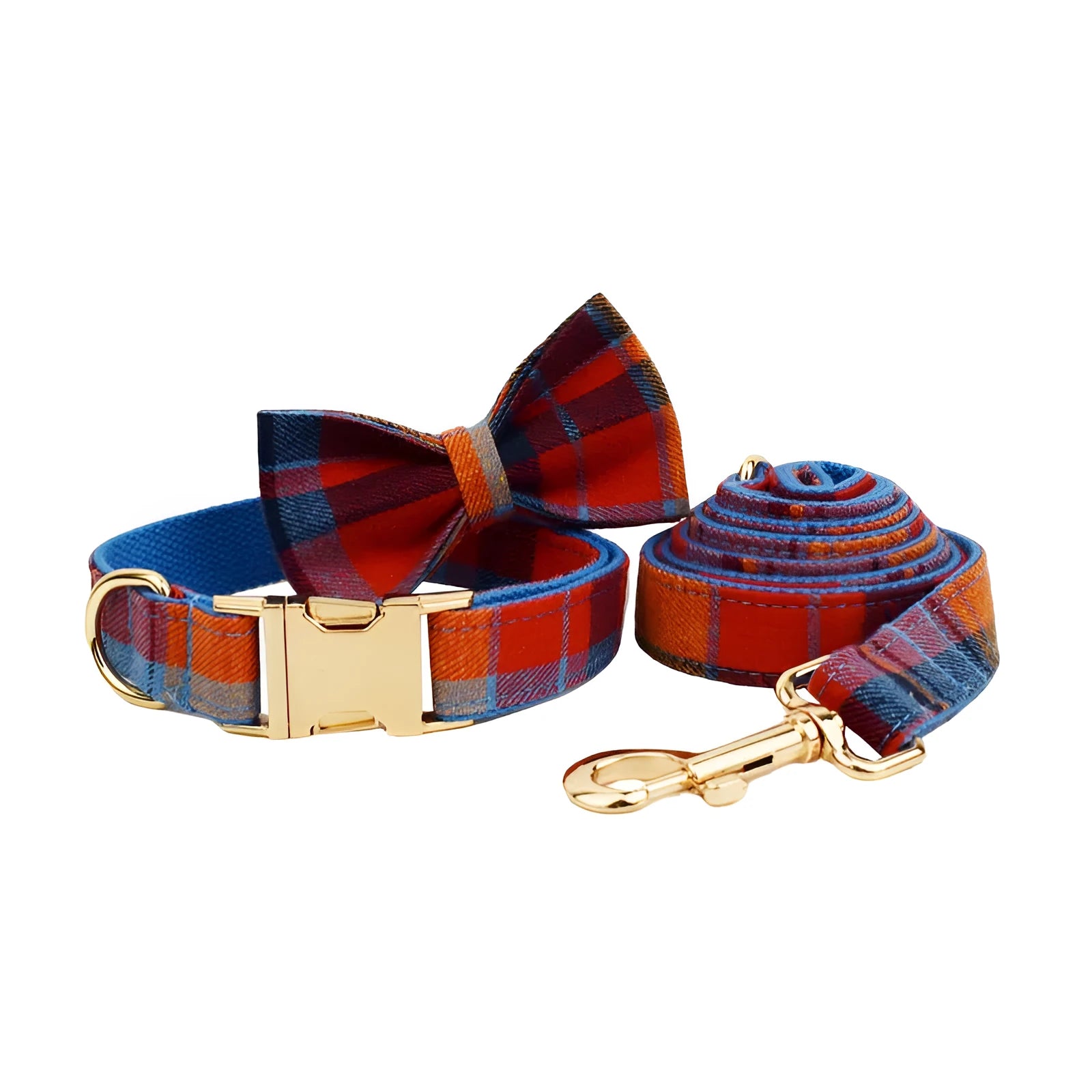 Blue velvet plaid dog collar set with cloth lead and hand holding rope on pet bandana