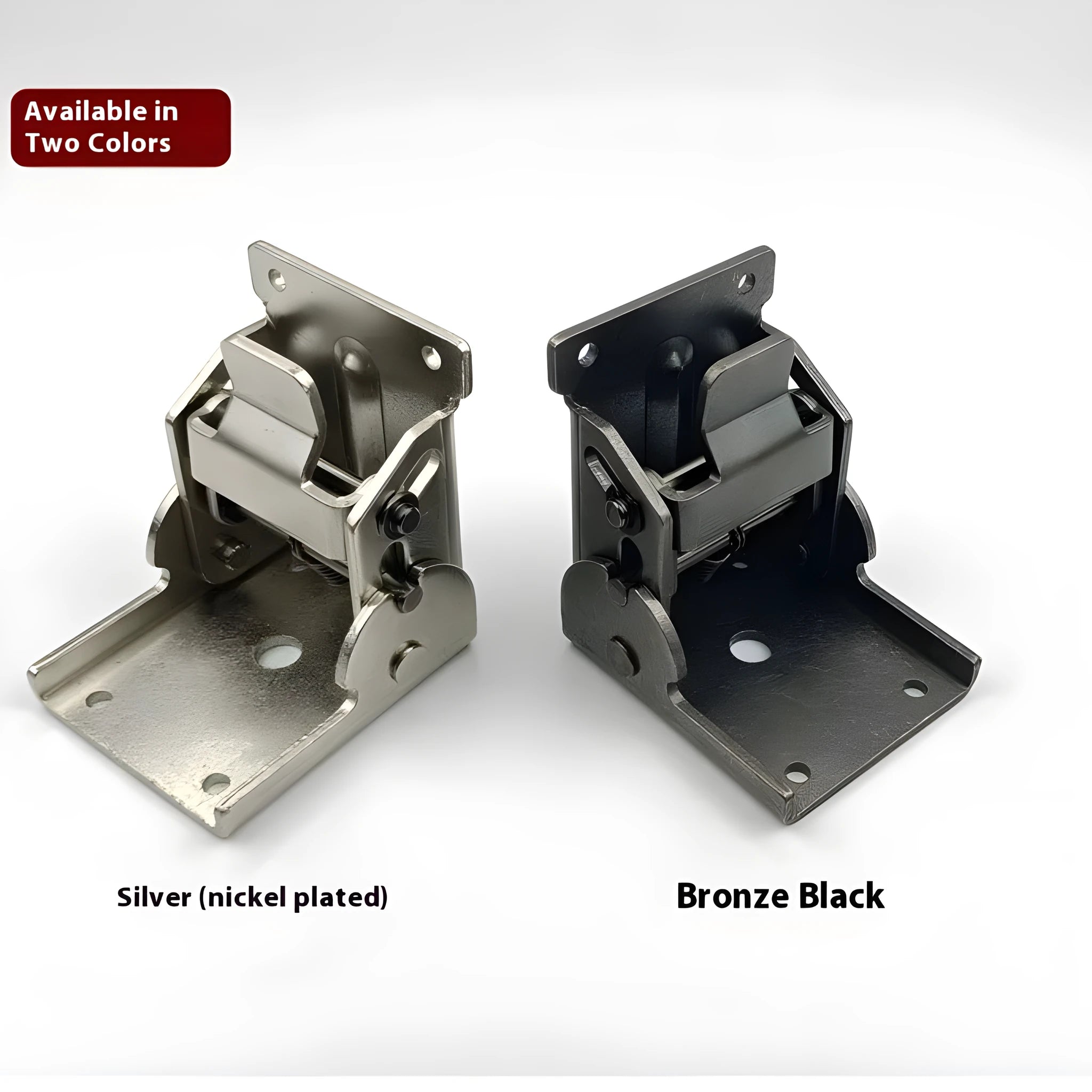 Furniture folding hinge showing angular adjustment from 0 to 90 degrees with self-locking mechanism