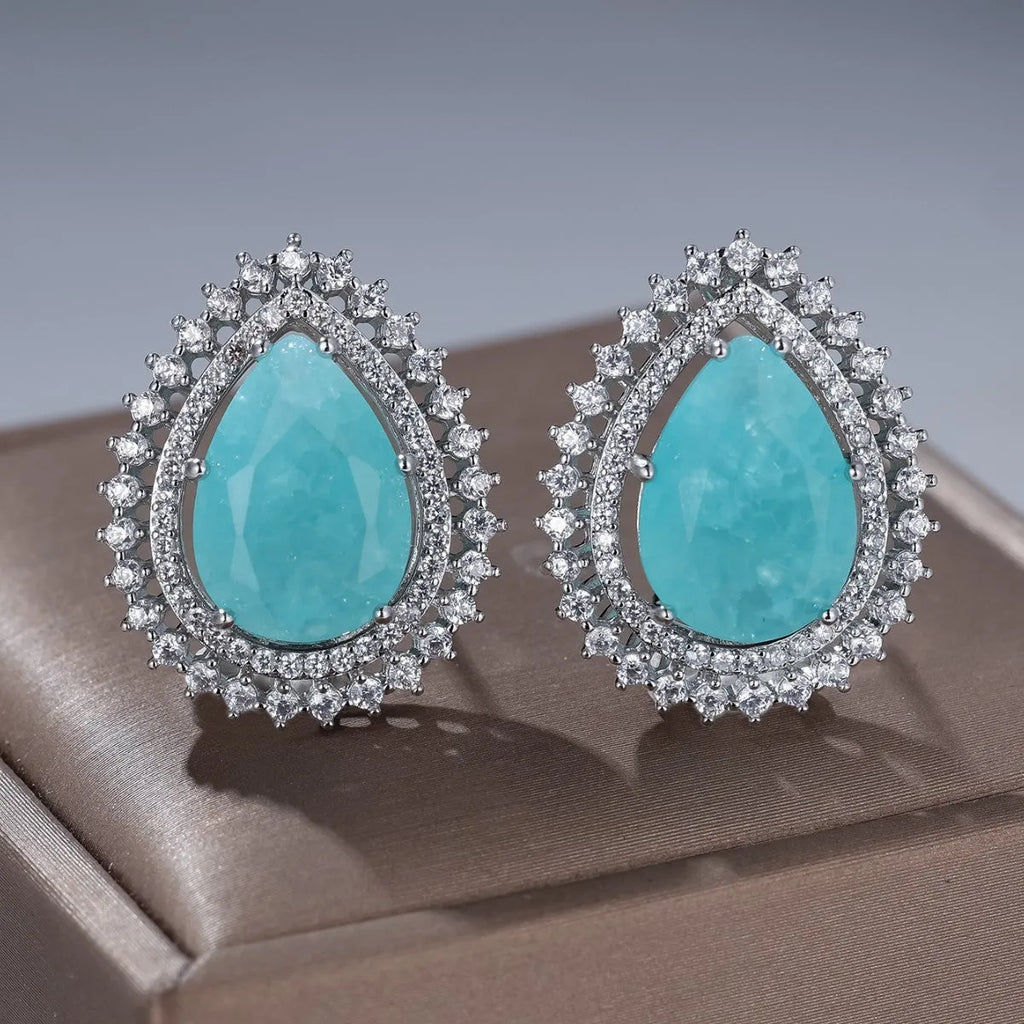 Pair of platinum ice flower diamond drop earrings with heart-shaped copper base