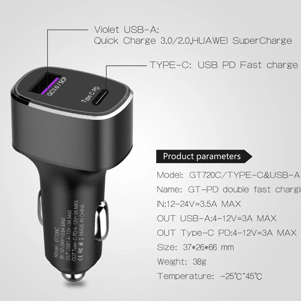 Car charger dual USB TYPE C PD QC 3.0 2.0 fast charger metal flame retardant PC 6000mA 12-24V
