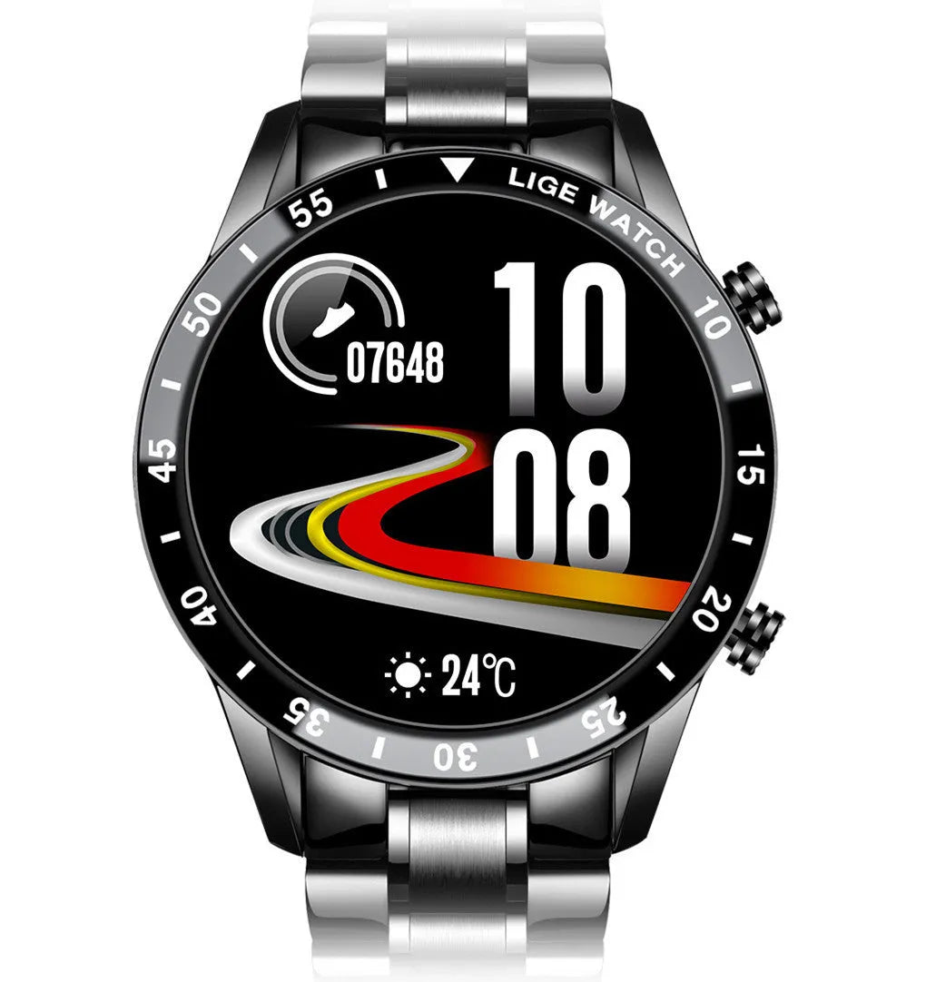 Stainless steel smart watch with 1.3-inch touchscreen display showing step count