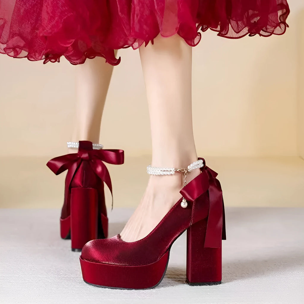 Waterproof platform women's thick heel red wedding shoes with chunky heel and buckle detail