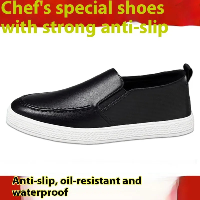 Men's summer kitchen working leather shoes in black with white bottom, round toe, solid colour flat sole