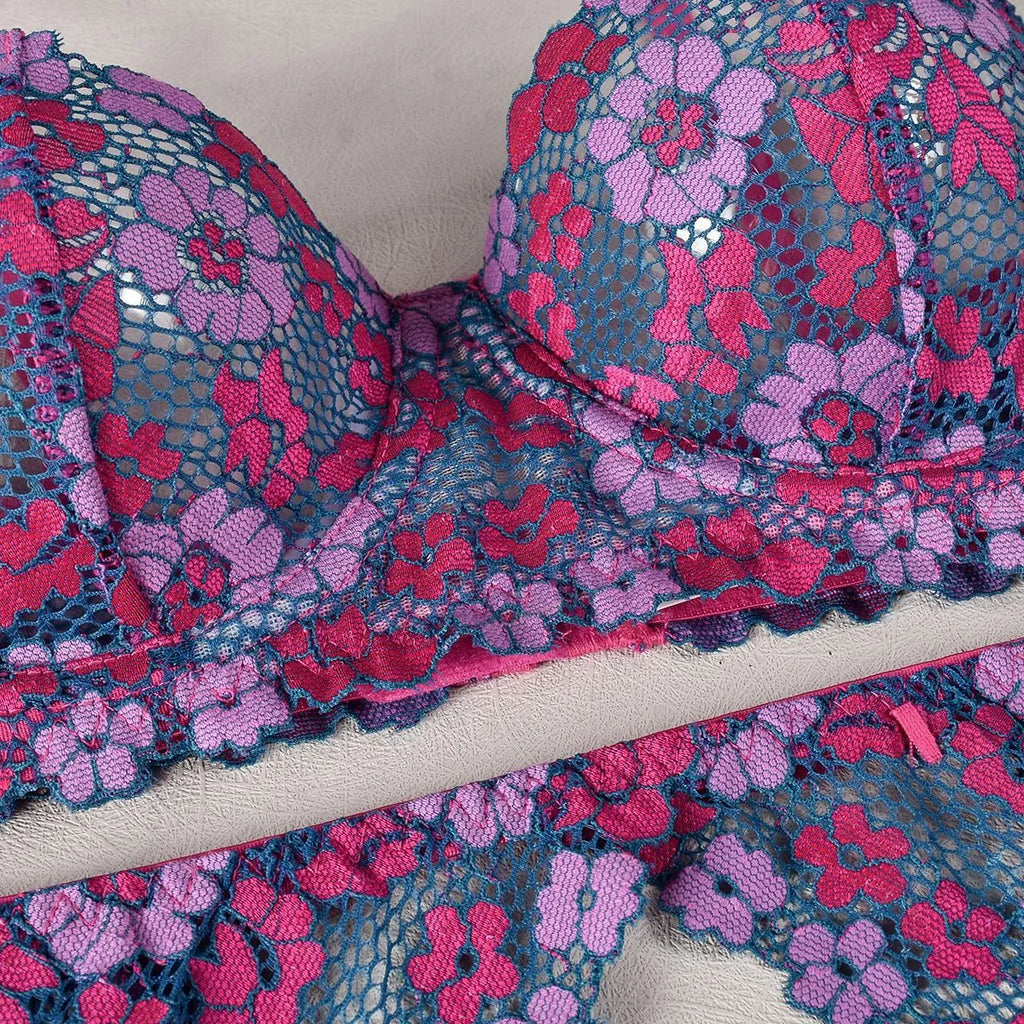 Women's contrast colour embroidered bikini set in rose red, polyester fabric, shown flat lay