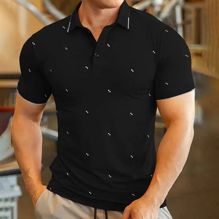 Men's short sleeve digital print sports top in polyester fibre, available in black, dark blue, red, and white, sizes S to 6XL