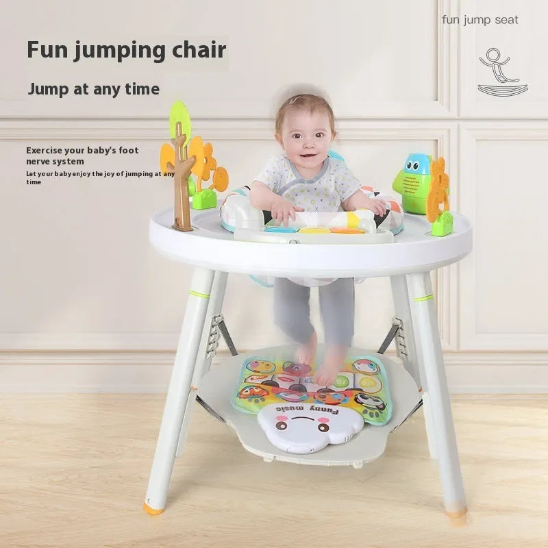 Baby in three-in-one jumper seat with duck design, bouncing with interactive toys