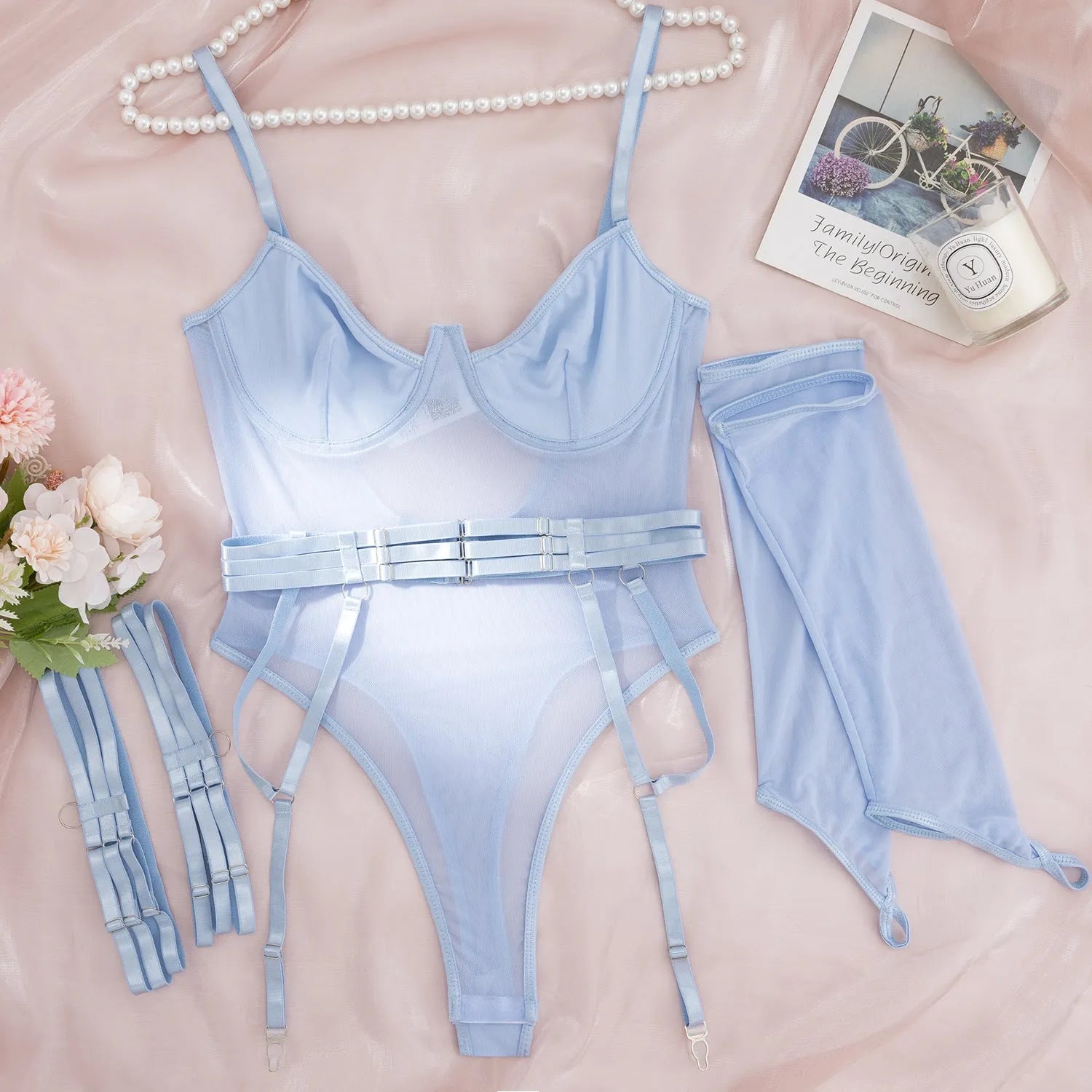 Women's black see-through mesh jumpsuit tights, a form-fitting polyester onesie for game wear.
