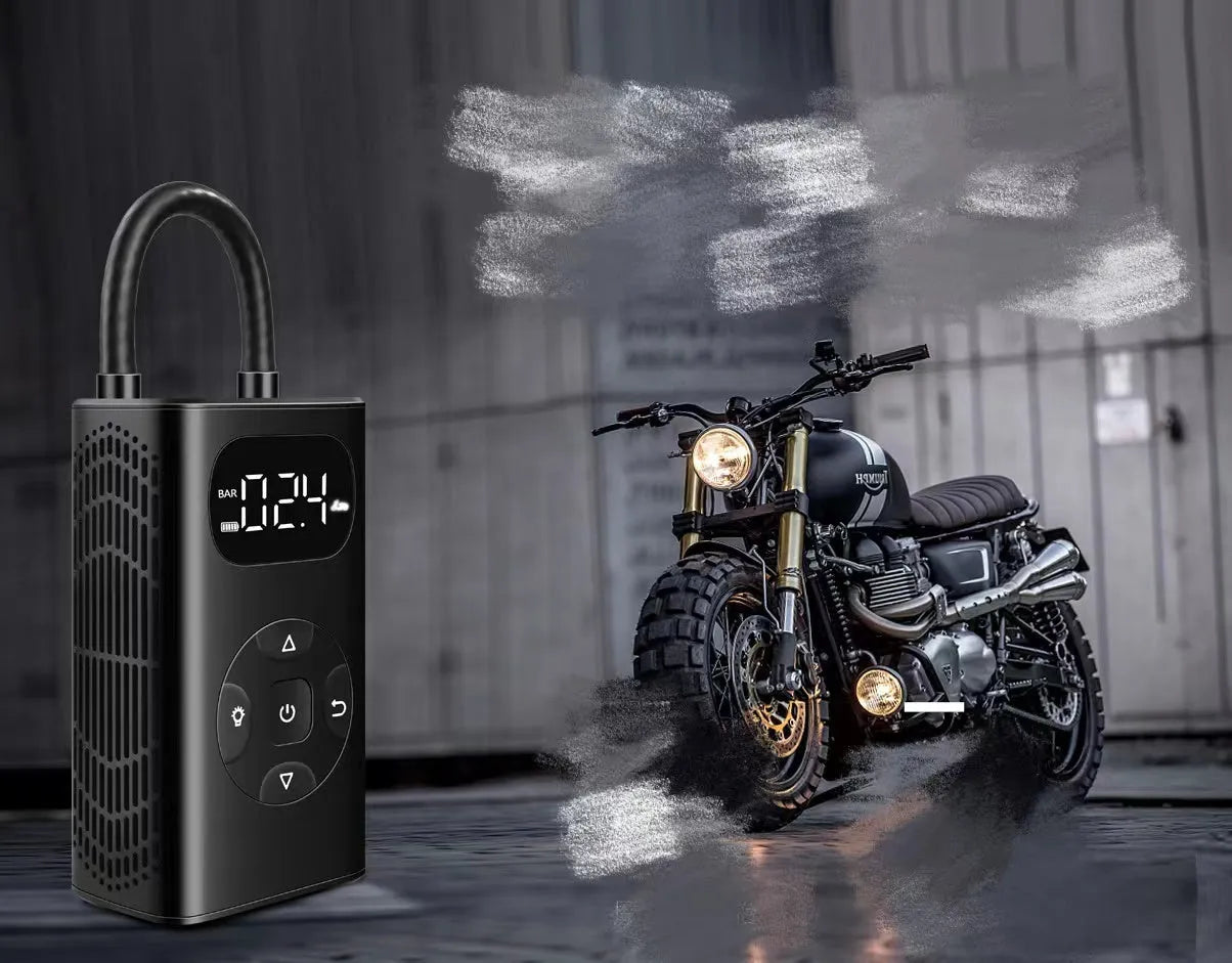 Black aviation aluminium portable tyre inflator with digital display and USB charging port