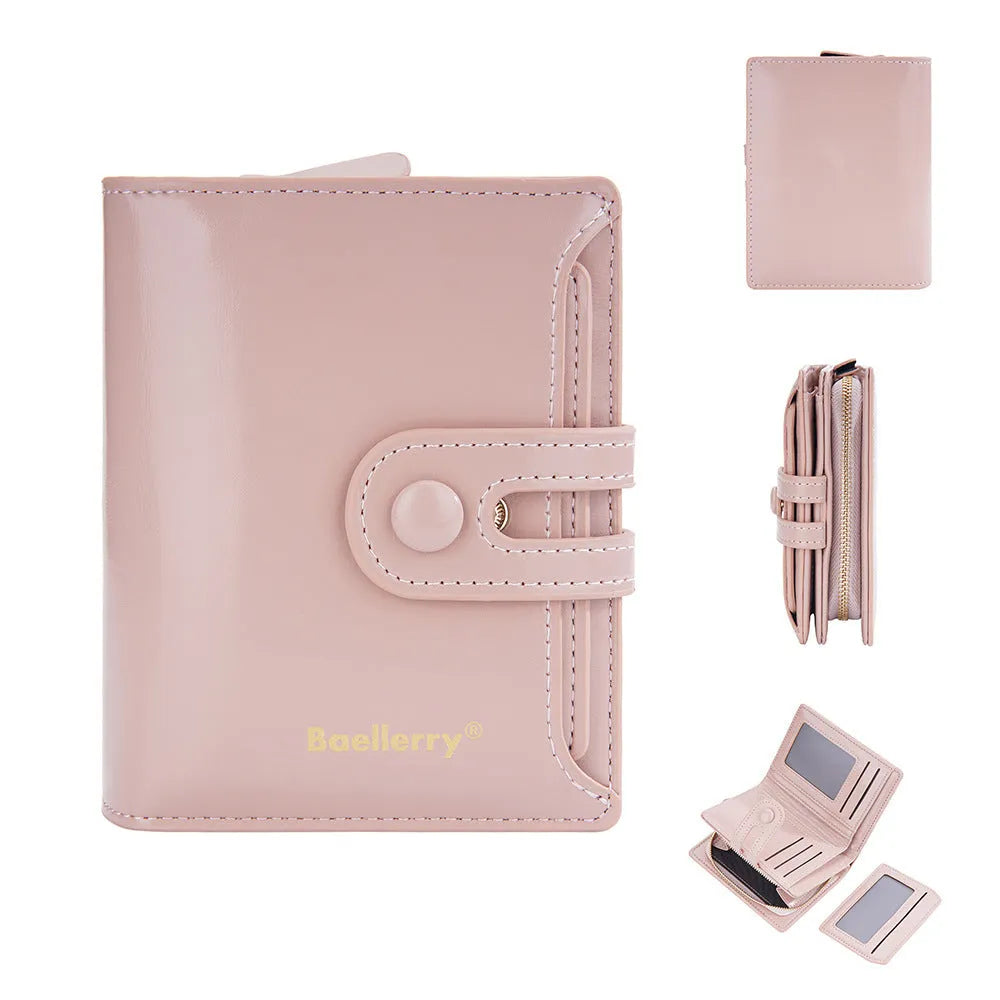Women's slim card holder wallet in PU leather, shown in various colours including black, blue, pink, and green.