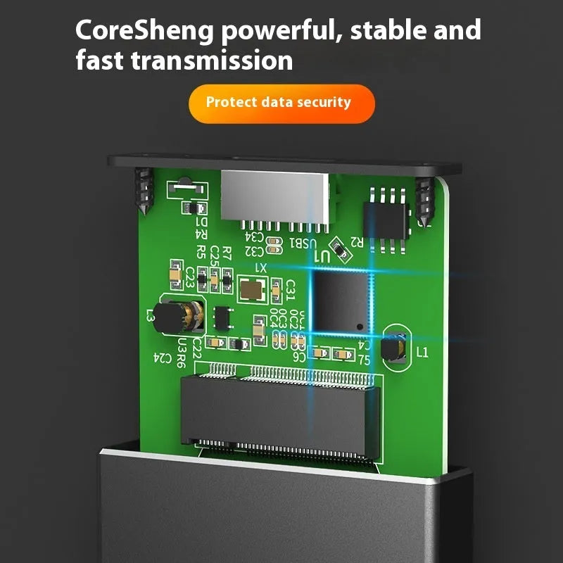 USB 3.0 M.2 SSD enclosure in aluminium alloy, black colour, on a table with USB cable