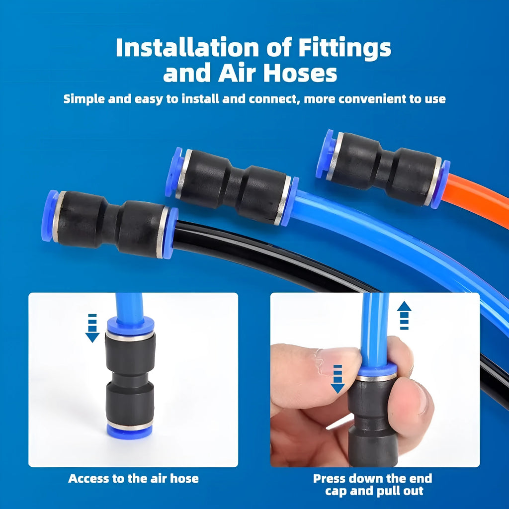 60-piece pneumatic push-in connector kit with R1/4 and R1/2 interfaces