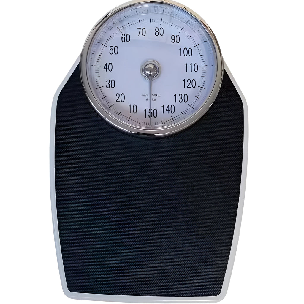 Black mechanical body weight scale with large dial showing weight measurements