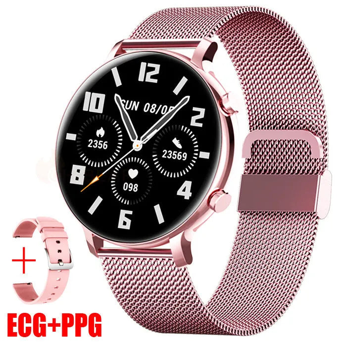 Bluetooth smartwatch with stainless steel strap showing call screen and health stats