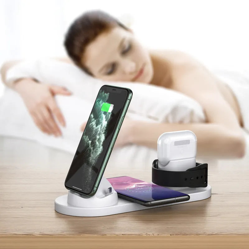 Multifunctional 6-in-1 wireless charging mobile phone holder in black with phone, AirPods and iWatch docked