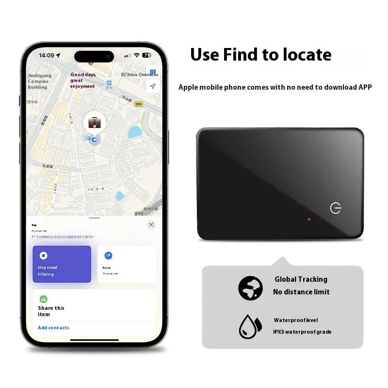 Black pet tracking locator card with wireless charging and NFC, constructed from ABS and glass, 85x54x2.1 mm