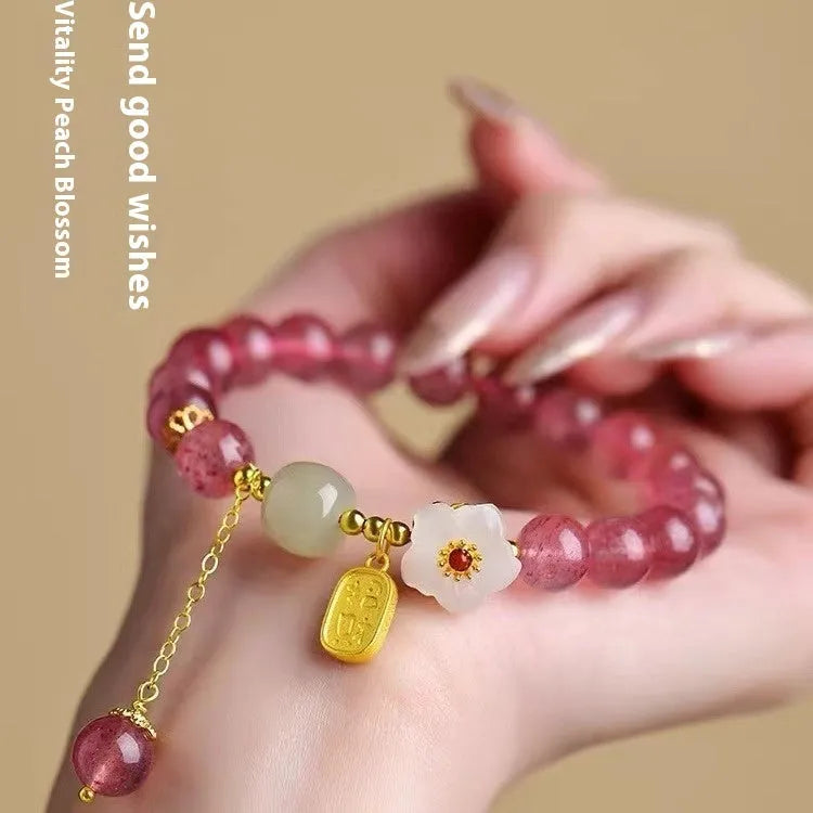 Handmade Hetian jade and strawberry quartz crystal bracelet with five style options for women