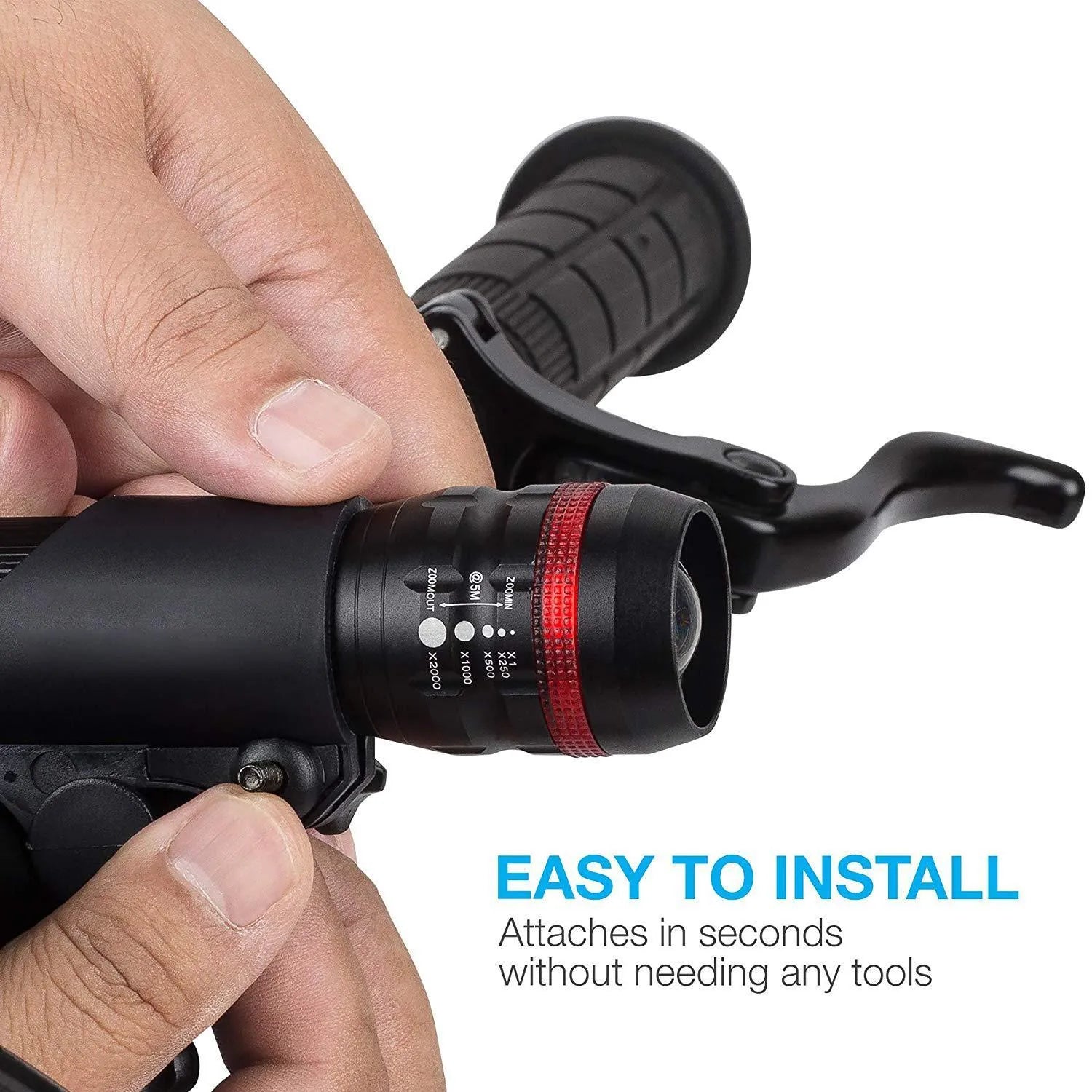 Bicycle front headlight and rear taillight set with mounting bracket on a black background