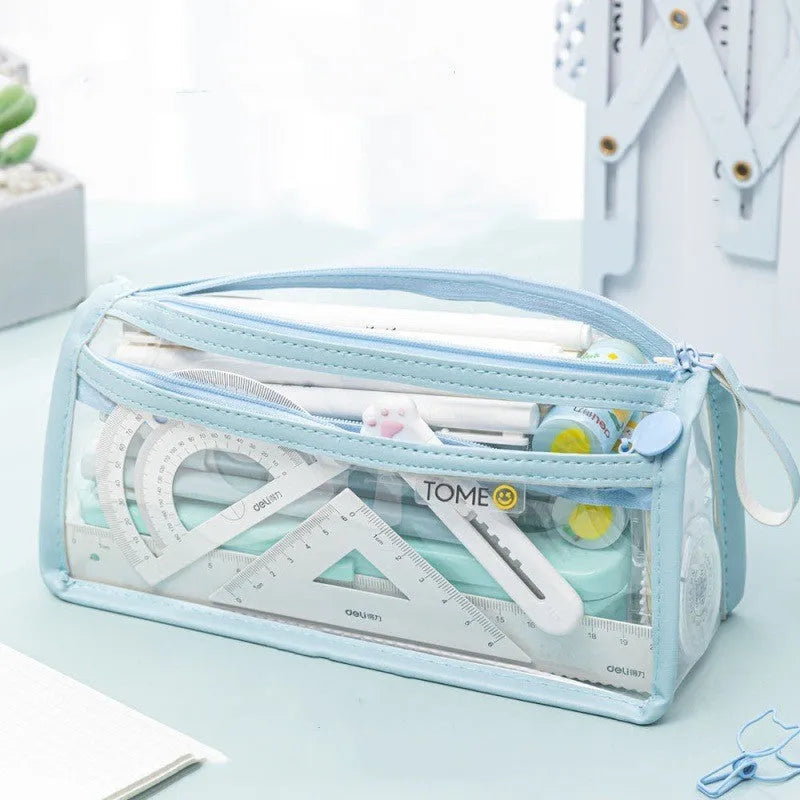 Transparent double-layer pencil case in blue with large capacity 220x110x80mm for exam stationery