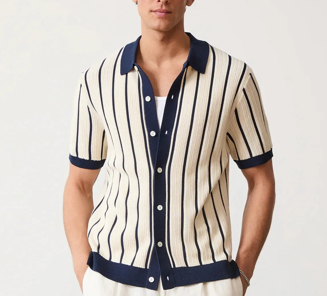 Men's white asymmetric short sleeve knitted top with a lapel, shown on a model.