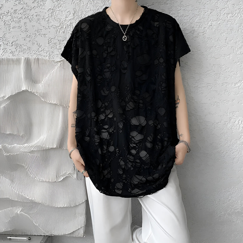 Black ripped beggar sleeveless wide shoulder vest for women, Japanese retro pullover style in polyester fibre, front view.