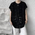 Black ripped beggar sleeveless wide shoulder vest for women, Japanese retro pullover style in polyester fibre, front view.