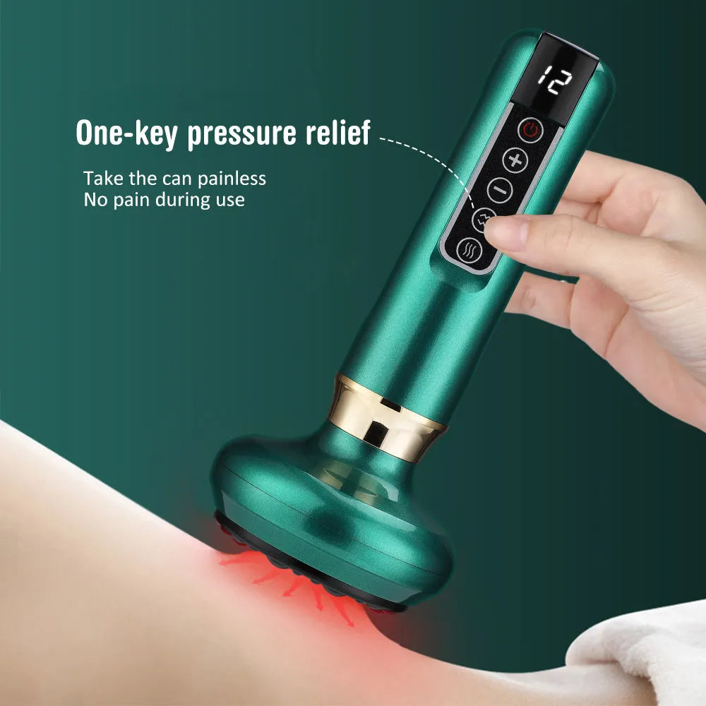 Green electric vacuum cupping massager with USB charger and instruction manual