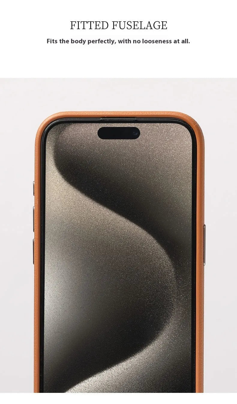 Genuine leather protective phone case with alloy lens cover, MagSafe, for iPhone 15 and 16 series, black colour