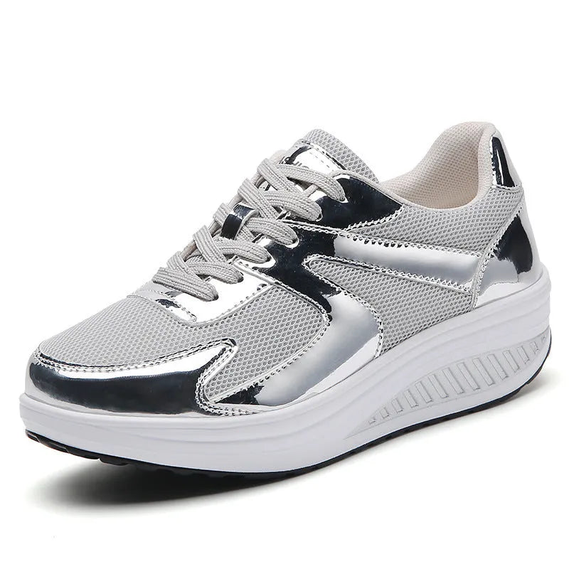 Women's gold mesh platform elevator trainers with cross strap and round toe