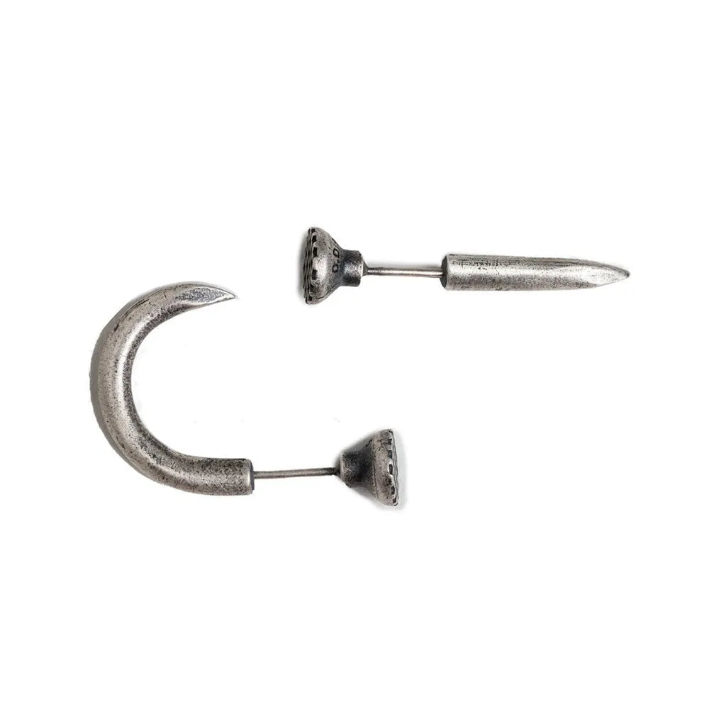 S925 sterling silver punk stud earring in straight nail or curved nail design on a hook.