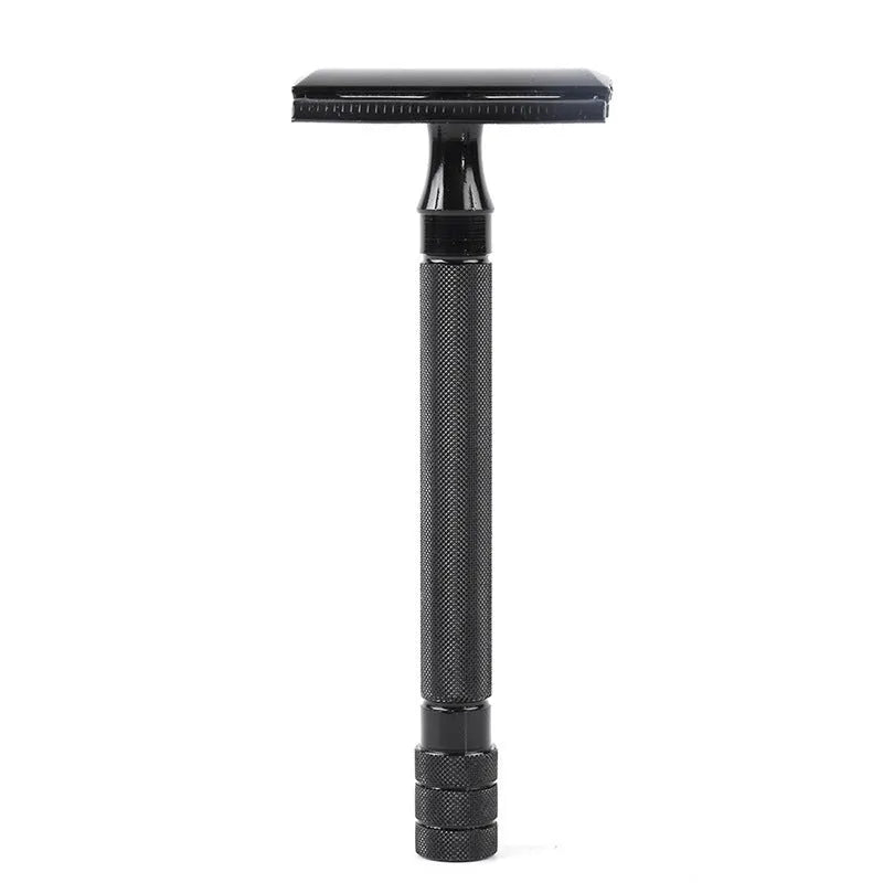 Manual shaving razor with brush combination in black or silver metal finish