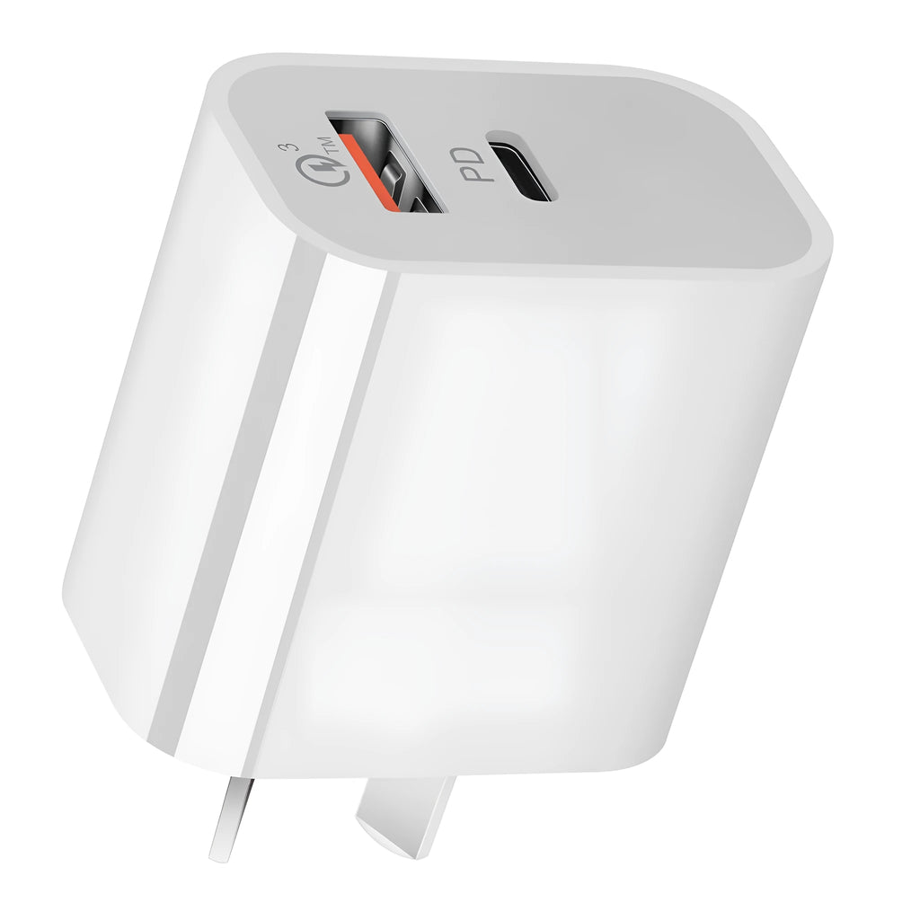 White dual port Australian standard charger with USB-A and USB-C interfaces, compact 63x40x22mm size