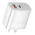 White dual port Australian standard charger with USB-A and USB-C interfaces, compact 63x40x22mm size
