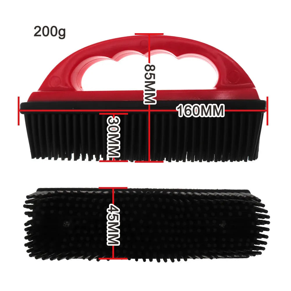 Red plastic pet hair removal brush measuring 160x85mm for grooming and carpet cleaning